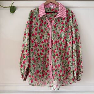Chicsoul 3x Pink Floral Green Collar Button Top